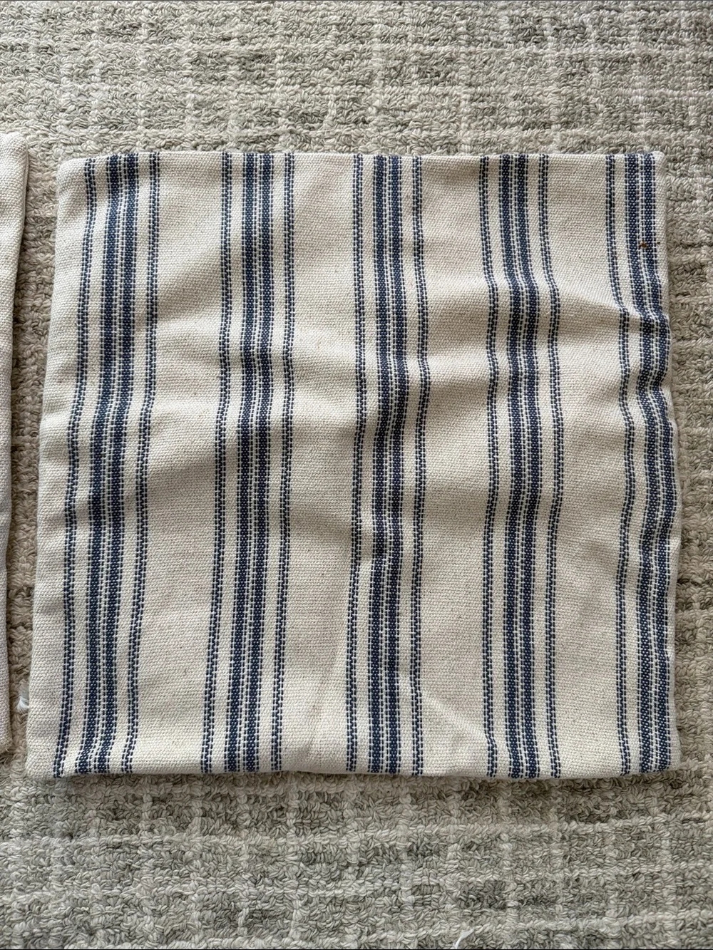 Burlap pillow covers, ticking stripe, navy and off white. 15.5”x15.5” NEW